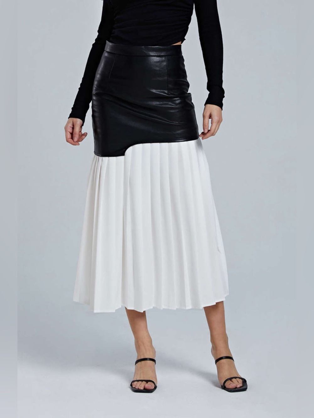 Contrast Pleated Faux Leather Midi Skirt Size L